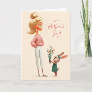Carte Lapin mignon offrant des fleurs de la fête des mèr