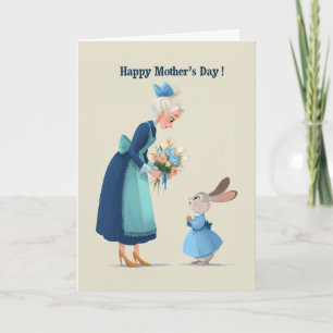 Carte Lapin offrant des fleurs à grand-mère pour la fête