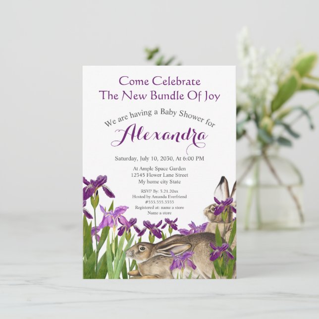 Carte Lapin Personnalisé Lapin Violet Iris Baby shower F (Debout devant)