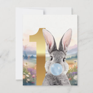 Carte Lapin soufflant un bubble gum bleu Premier anniver