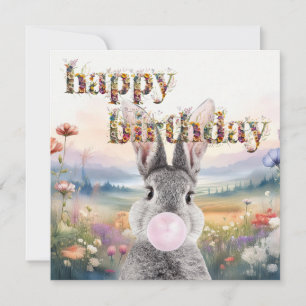 Carte Lapin soufflant un bubble gum rose Joyeux Annivers