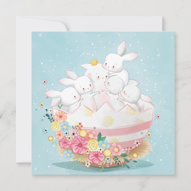 Carte Lapins à l'aquarelle dans l'oeuf de Pâques fleuri (Devant)