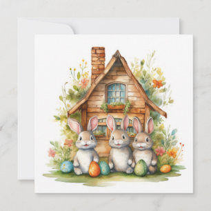 Carte Lapins de Pâques avec maison en bois et œufs color