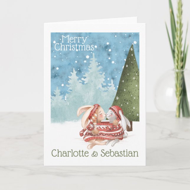 Carte Lapins de Pâques embrassant en pull de Noël d'hive (Devant)