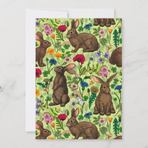 Carte Lapins et fleurs sauvages sur le vert miel