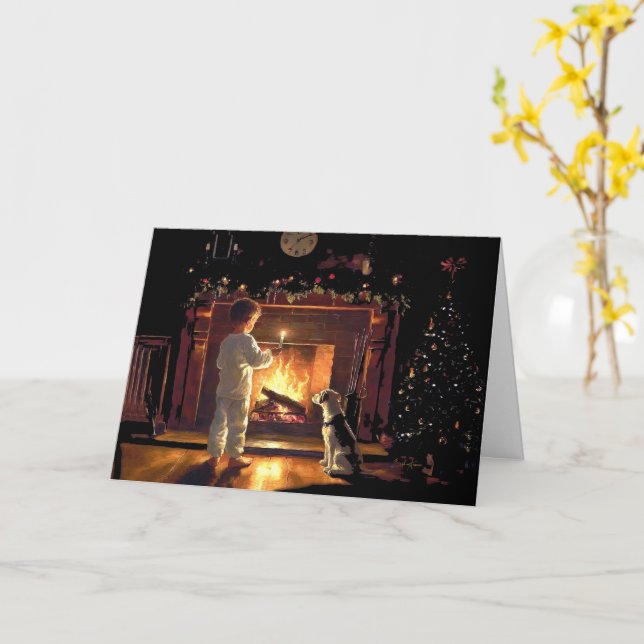 Carte L'attente de Père Noël par l'incendie (Fleur jaune)