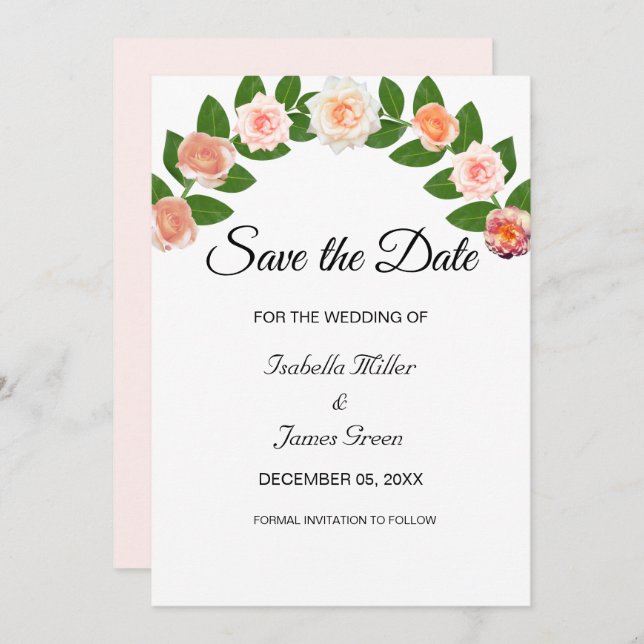 Carte Laurel et mariage Rose Enregistrer la date Invitat (Devant / Derrière)