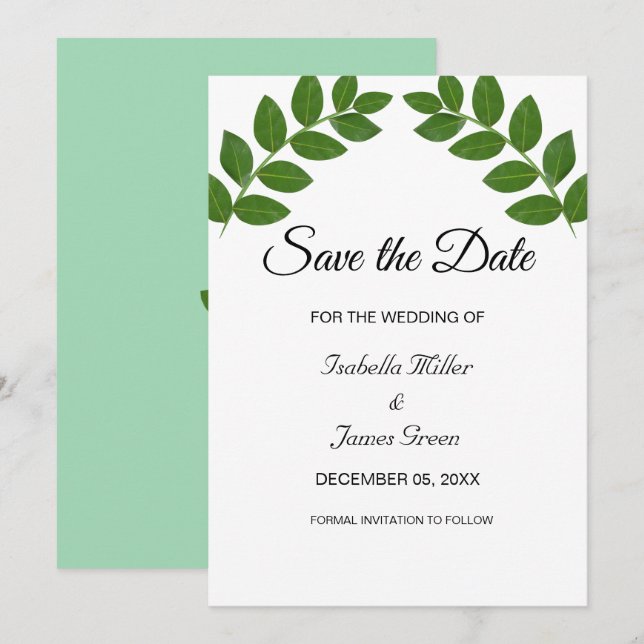Carte Laurel Feuilles mariage Enregistrer la date Invita (Devant / Derrière)