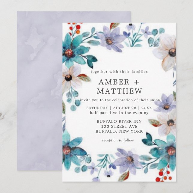 Carte Lavande Turquoise Peint Florales Invite Mariage (Devant / Derrière)