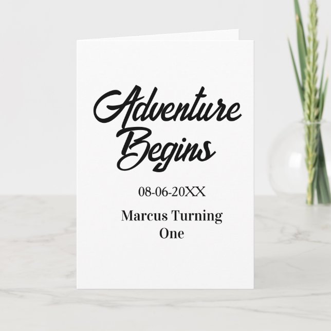 Carte L'aventure commence 1er anniversaire nom date simp (Devant)