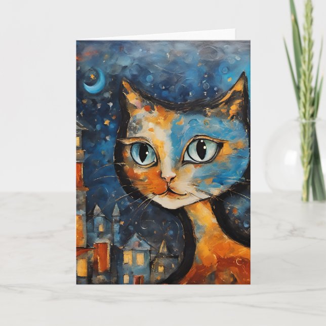 Carte Le chat à la nuit dans la ville (Devant)