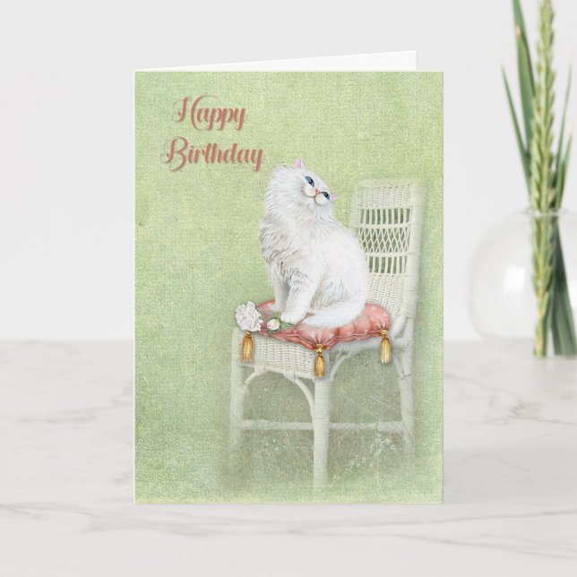Carte le chat blanc d'anniversaire et les roses en couss (Devant)