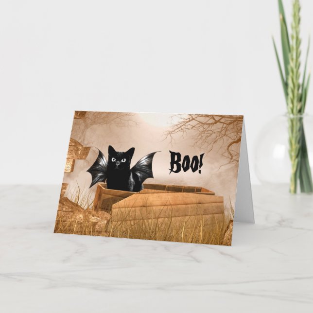 Carte Le chat Halloween de batte huent (Devant)