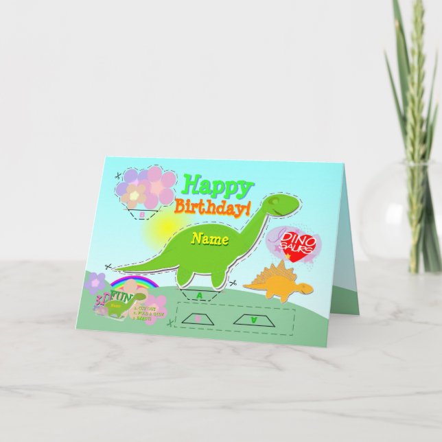 Carte Le joyeux anniversaire Dino 3D nommé a coupé et (Devant)