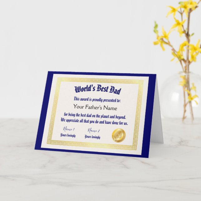 Carte Le meilleur certificat papa du monde Funny moderne (Fleur jaune)