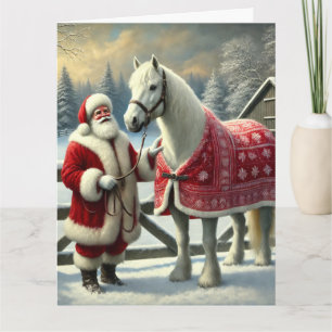 Carte Le Père Noël avec Cheval Blanc sur la ferme neigeu