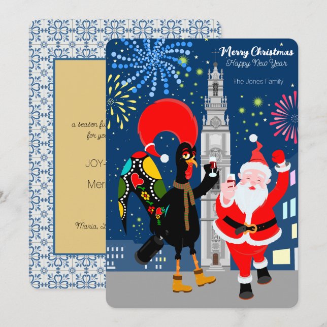 Carte Le Père Noël et le coq toast au Nouvel An (Devant / Derrière)