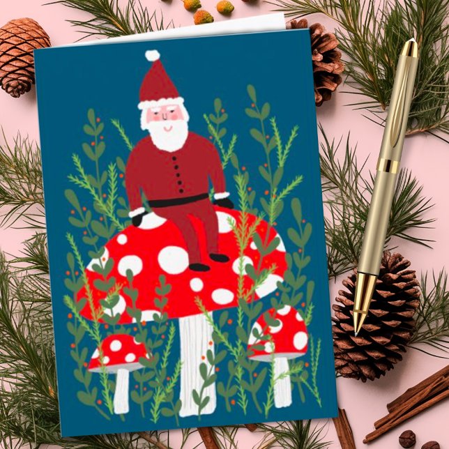Carte Le Père Noël sur le champignon magique CUSTOM XMAS (Cute fun Santa elf sitting on a mushroom, cheerful holiday Christmas card)
