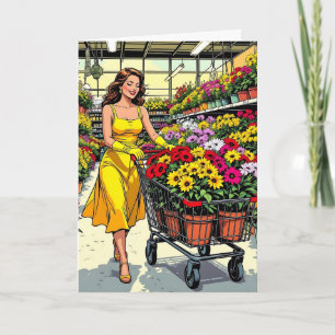 Carte Le Printemps est ici ! Gants de jardinage et robe 