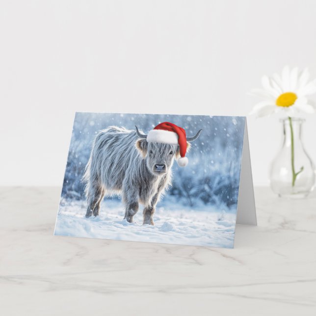 Carte Le veau des Highlands dans la neige Joyeuses vacan (Petite plante)