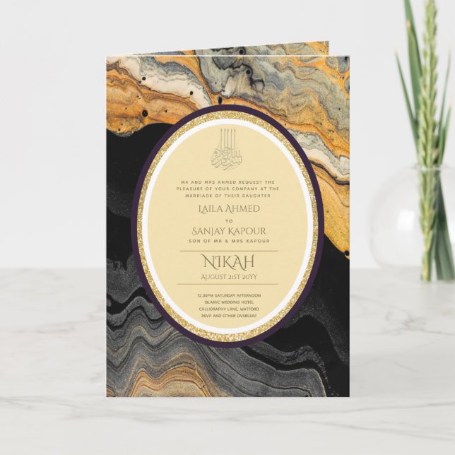 Carte LeahG Black Gold Islam Mariage invite (Devant)