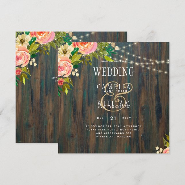Carte LeahG Pêche Rustique Mariage Floral de corail (Devant / Derrière)
