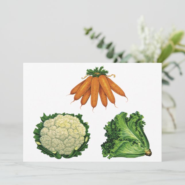 Carte Légumes Anciens; Carottes, Chou-fleur, Laitue (Debout devant)
