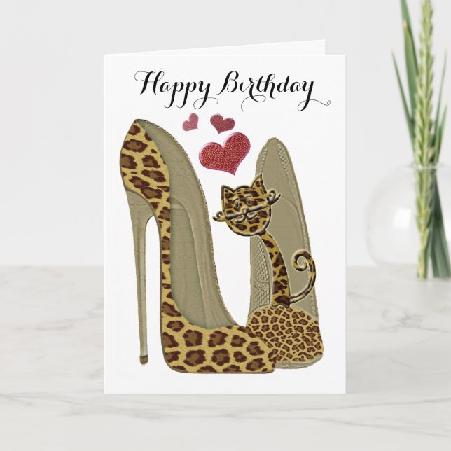 Carte Leopard Stiletto Chaussures et Cat Art (Devant)