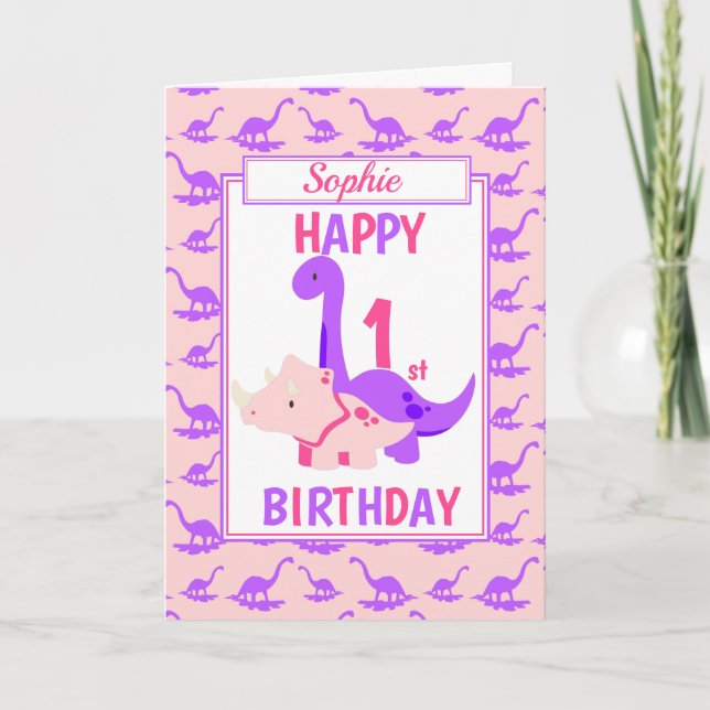 Carte Les enfants dinosaures 1er anniversaire rose (Devant)