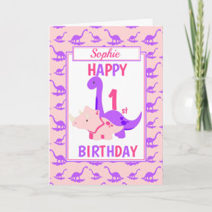 Carte Les enfants dinosaures 1er anniversaire rose