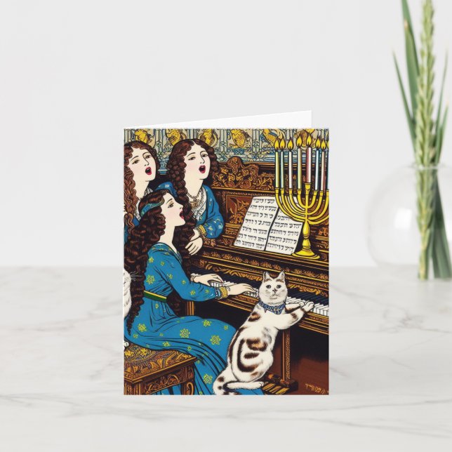 Carte Les femmes et chats Hanoukah chantent autour du pi (Devant)