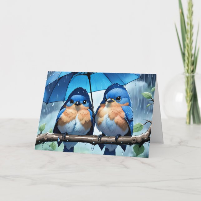 Carte Les oiseaux bleus sous un parapluie Anniversaire (Devant)