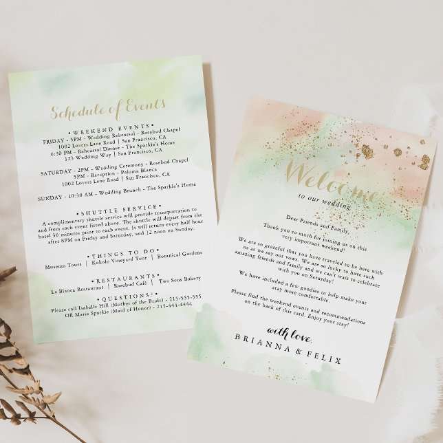 Carte LETTRE D'ACCUEIL Mariage Aquarelle Gold Confetti (Créateur téléchargé)