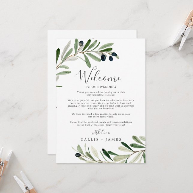 Carte LETTRE D'ACCUEIL Mariage Olive Moderne & Itinérair (Devant/Arrière en situation)