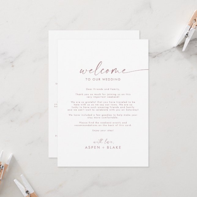 Carte LETTRE D'ACCUEIL Rose D'Or Moderne Mariage Itinéra (Devant/Arrière en situation)