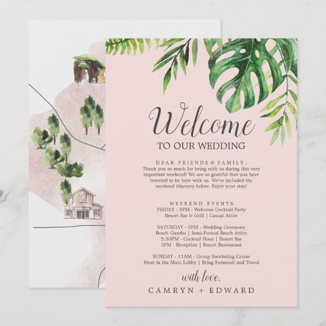 Carte Lettre d'accueil Wild Palm Blush Itinéraire & Cart (Devant / Derrière)