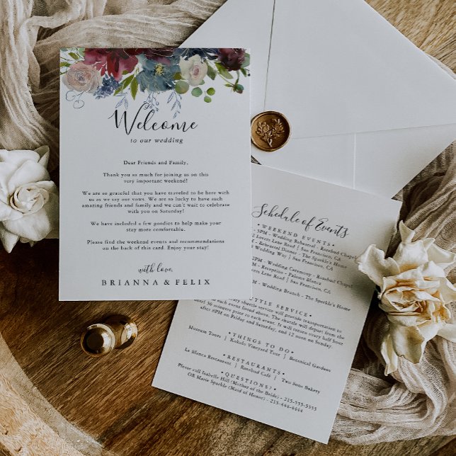 Carte Lettre de bienvenue du Mariage Bourgogne Floral Gr (Créateur téléchargé)