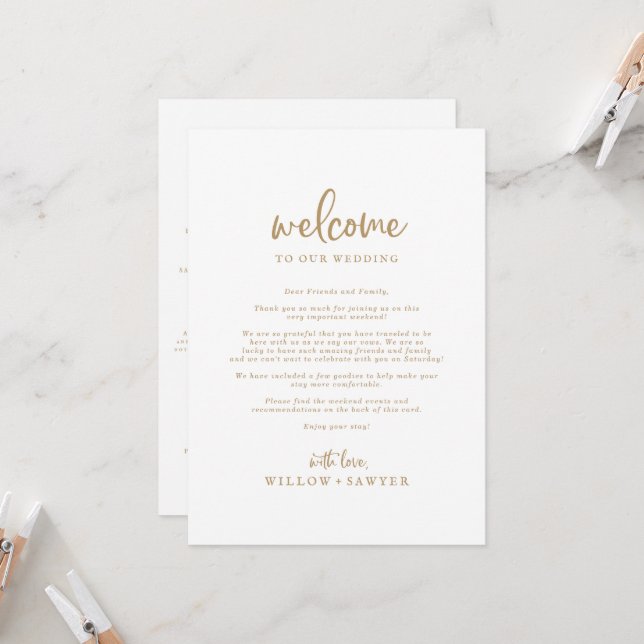 Carte Lettre de bienvenue du Mariage d'or rustique (Devant/Arrière en situation)