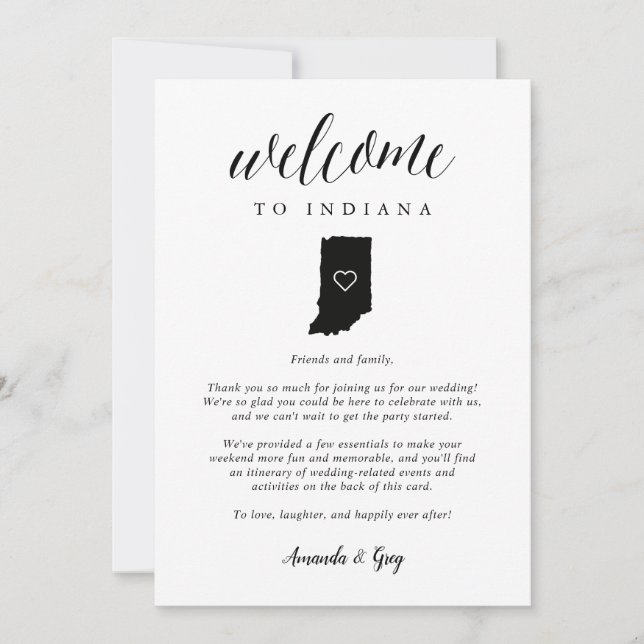 Carte Lettre de bienvenue du Mariage Indiana et itinérai (Devant)