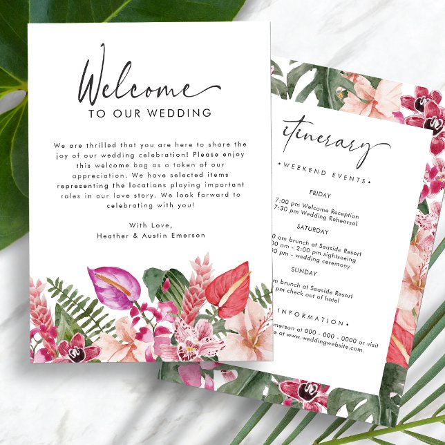 Carte Lettre de bienvenue du Mariage tropical (Tropical Floral Wedding Welcome Letter Itinerary by Painted Paperie
)
