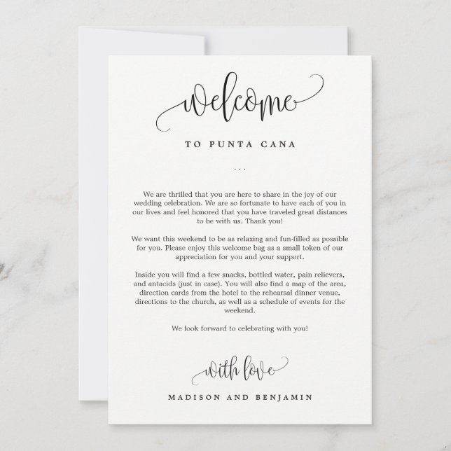 Carte Lettre de bienvenue et sac de bienvenue du Mariage (Devant)