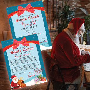 Carte Lettre de Noël du Père Noël Certificat de Liste de