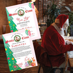 Carte Lettre de Noël du Père Noël Certificat de Liste de