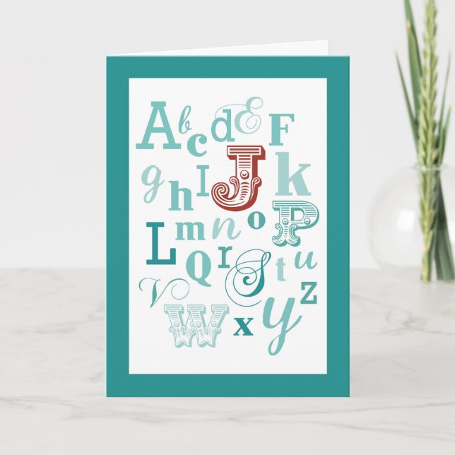 Carte Lettre J Nom initial Alphabet Anniversaire Turquoi (Devant)