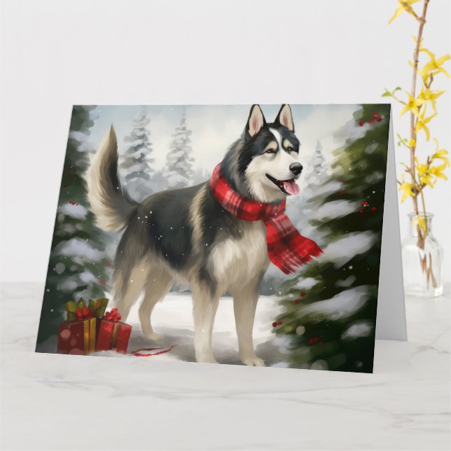 Carte Lévrier sibérien Husky dans la neige de Noël (Fleur jaune)