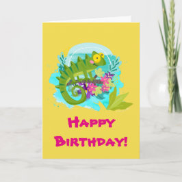 Carte Lézard tropical vert avec l'anniversaire de fleurs