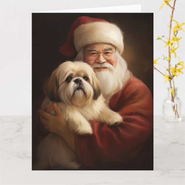 Carte Lhasa Apso Avec Noël Festif Du Père Noël (Fleur jaune)