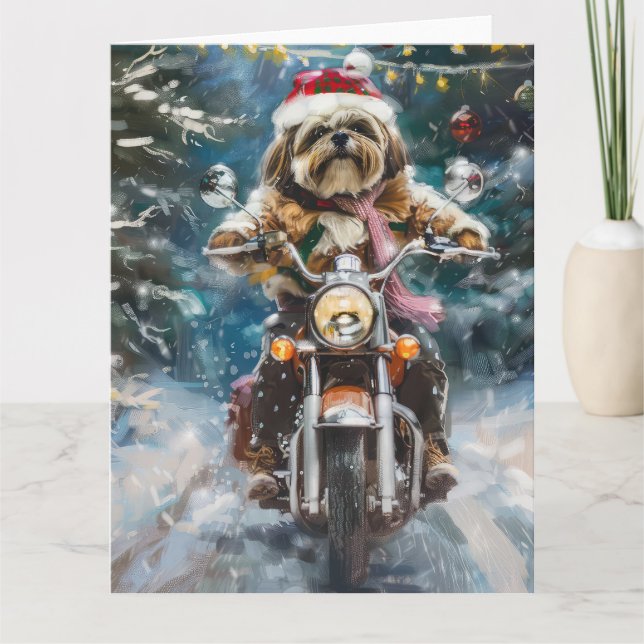 Carte Lhasa Apso Chien à cheval Moto Noël (Devant)
