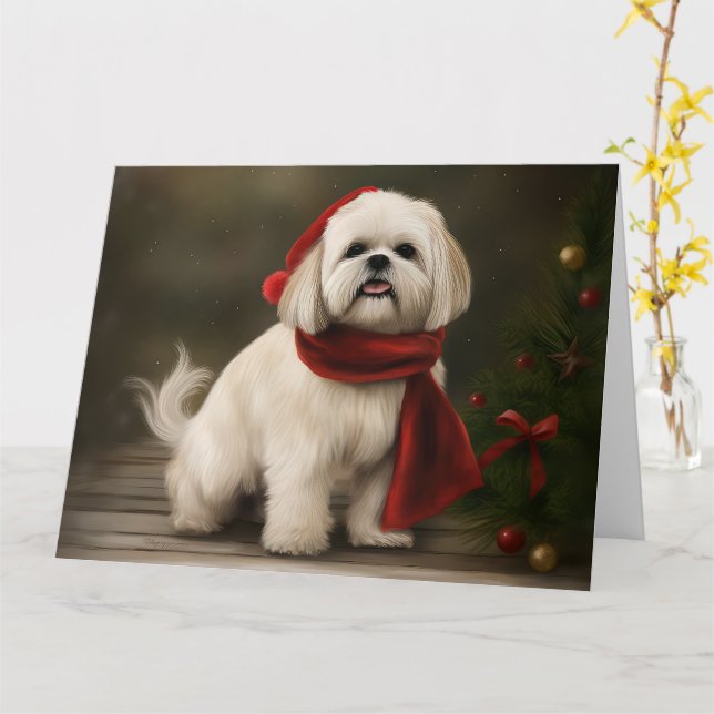 Carte Lhasa Apso Chien dans Noël de neige (Fleur jaune)