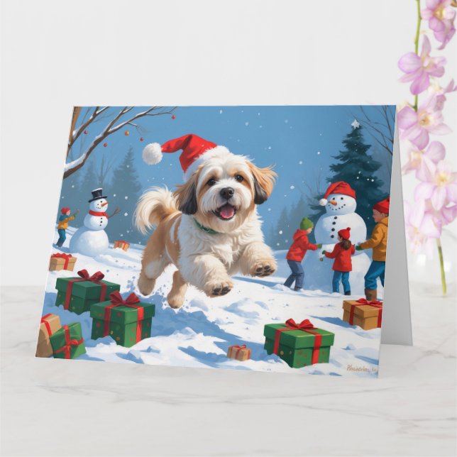 Carte Lhasa Apso coule en neige avec le Casquette de Noë (Orchidée)